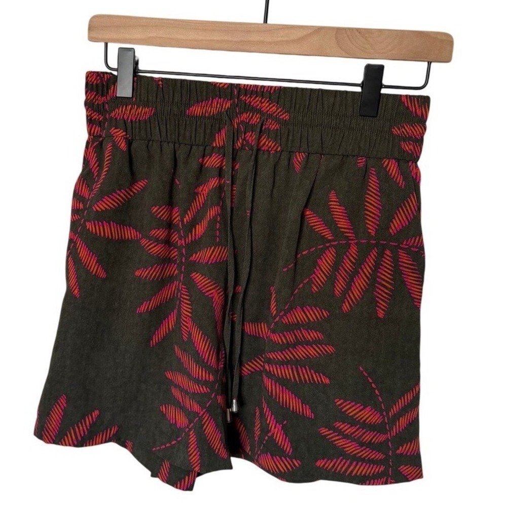 Tropical Palm Print Pull On Shorts Olive Pink‎ Drawstring Coastal Beach Vacation